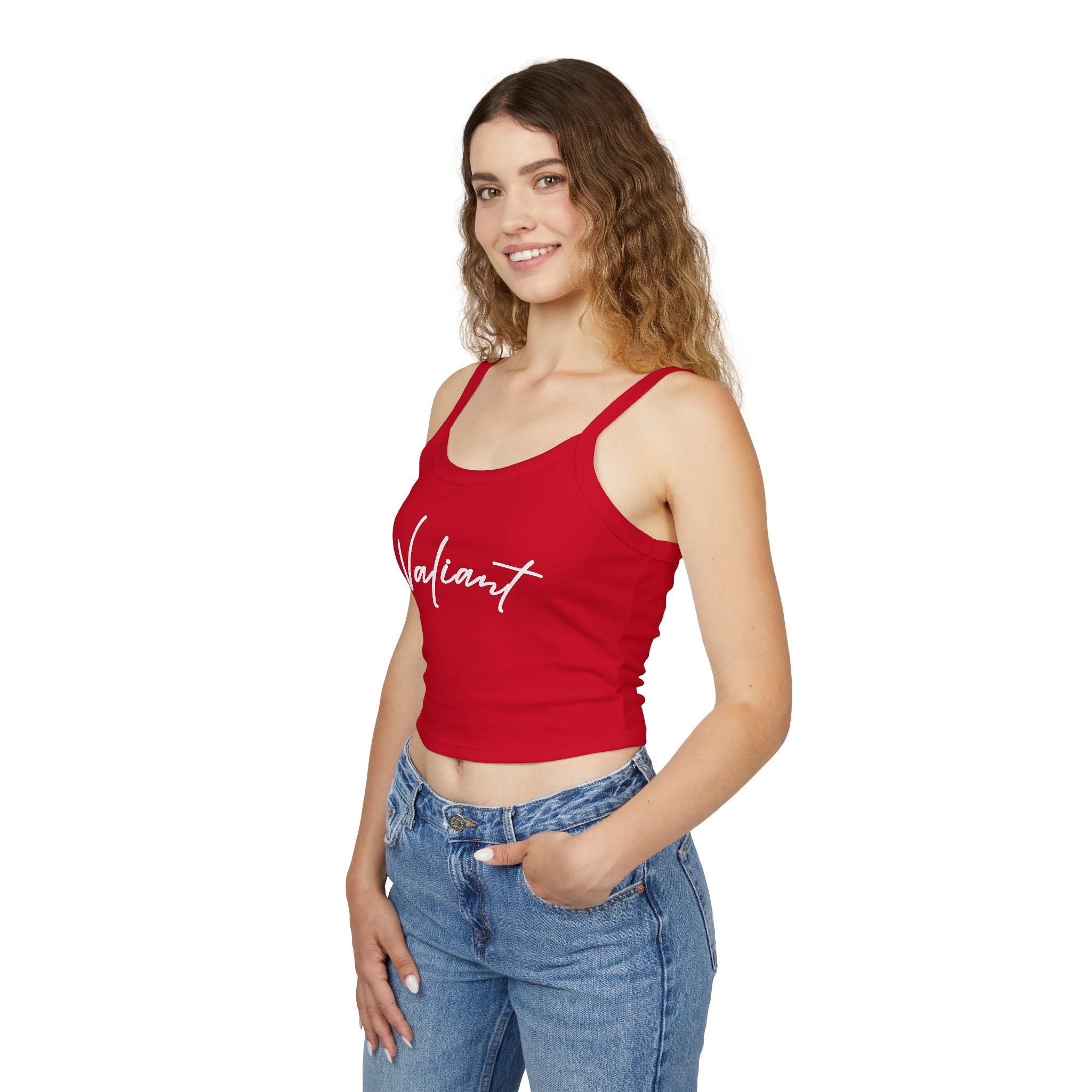 Valiant Script Spaghetti Strap Tank Top — Feminine Casual Crop