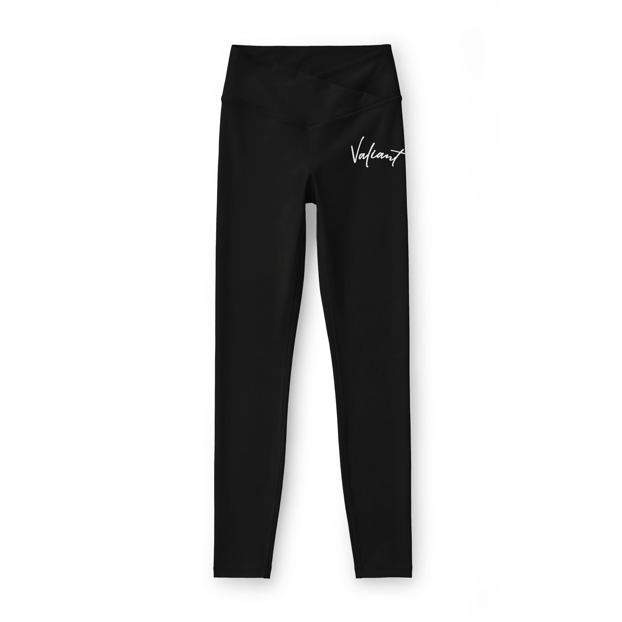 Women’s Luxe Leggings — Black V-Waist High-Rise Leggings with White Signature Logo