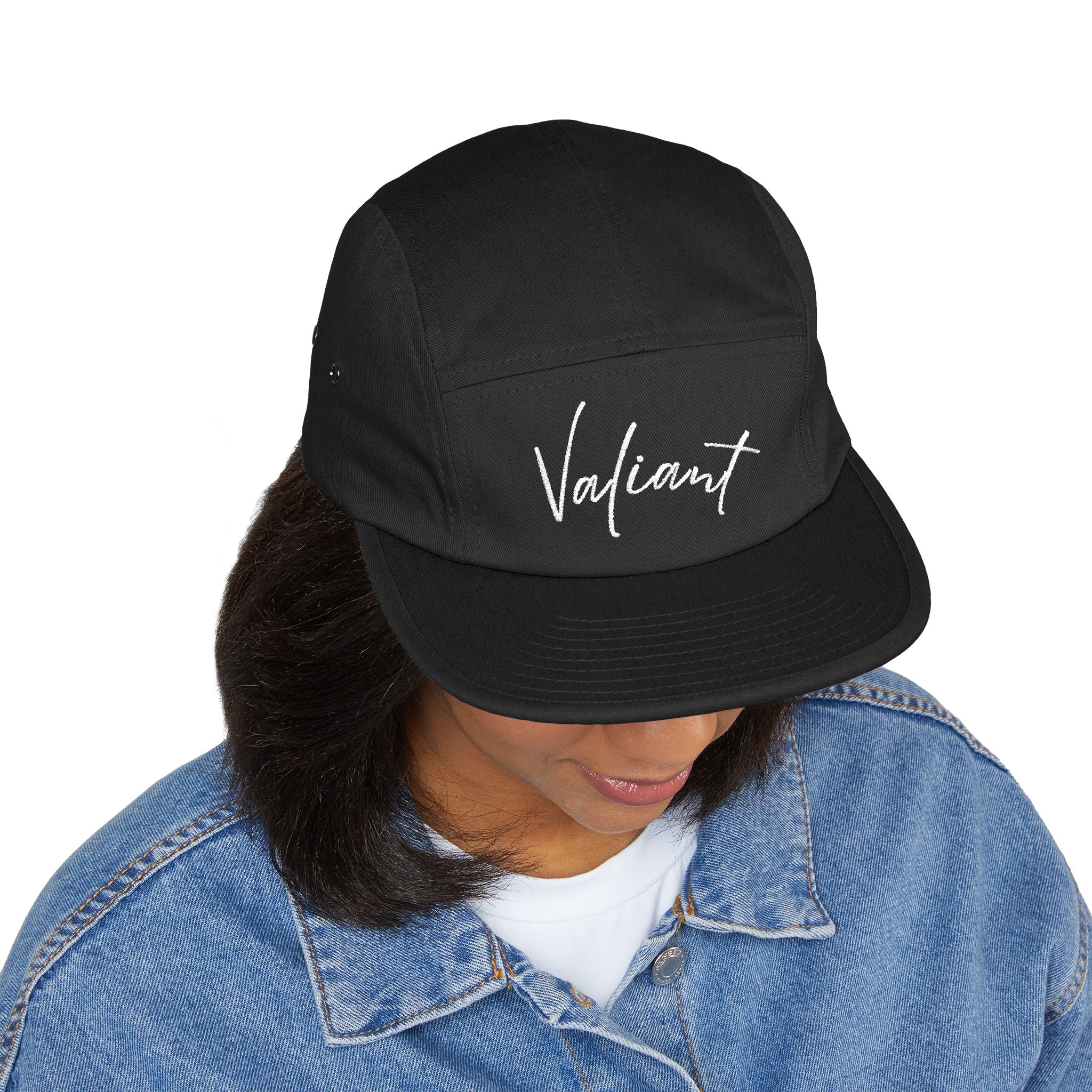 Valiant Embroidered 5-Panel Cap — Olive Casual Script Hat