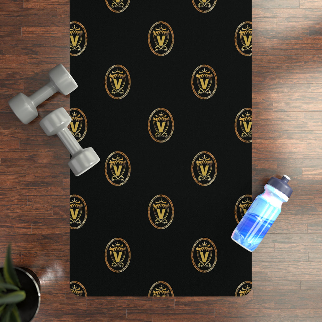 Black Rubber Yoga Mat with Gold Crest Pattern — Non‑Slip Fitness & Pilates Mat
