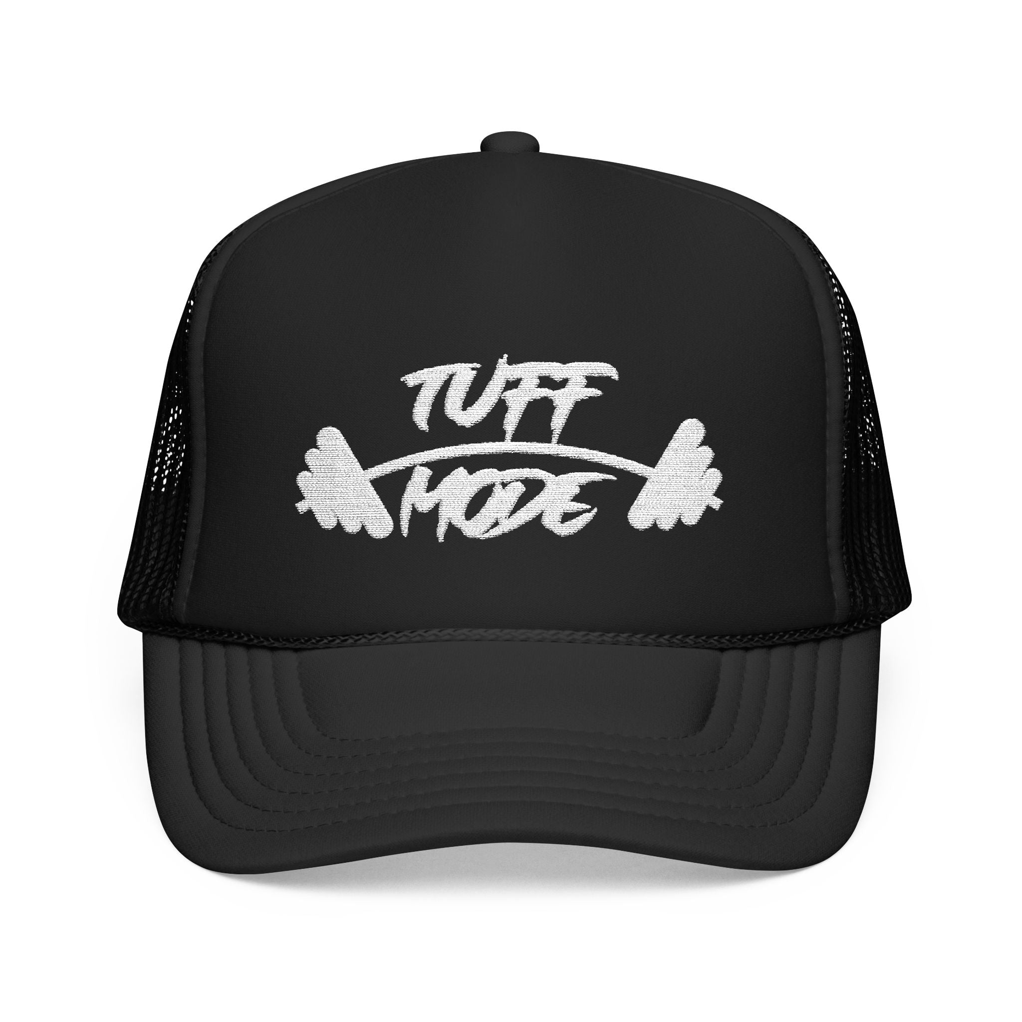 Tuff Mode Trucker Hat — Fitness Foam Mesh Cap with Barbell Graphic