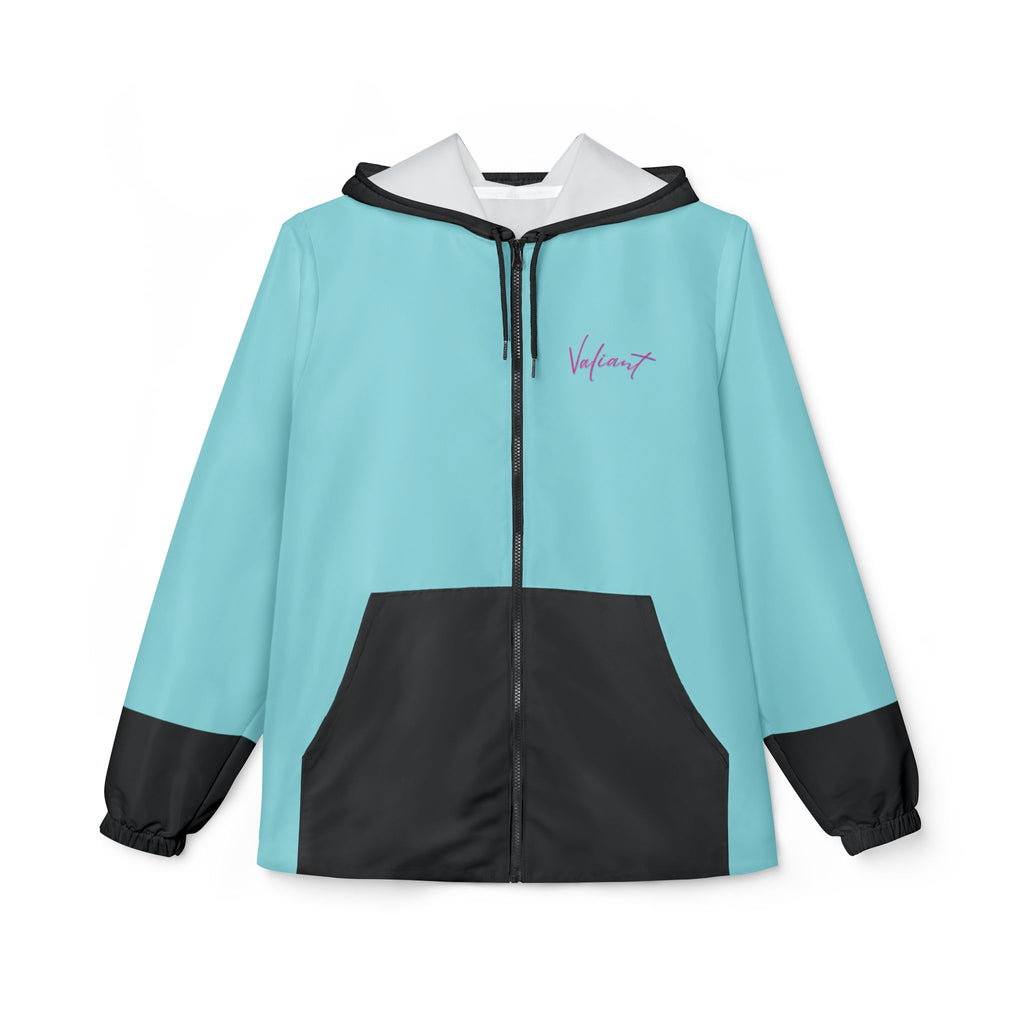 Aqua Breeze Windbreaker Jacket – Lightweight Hooded Zip-Up with Black Contrast Pockets
