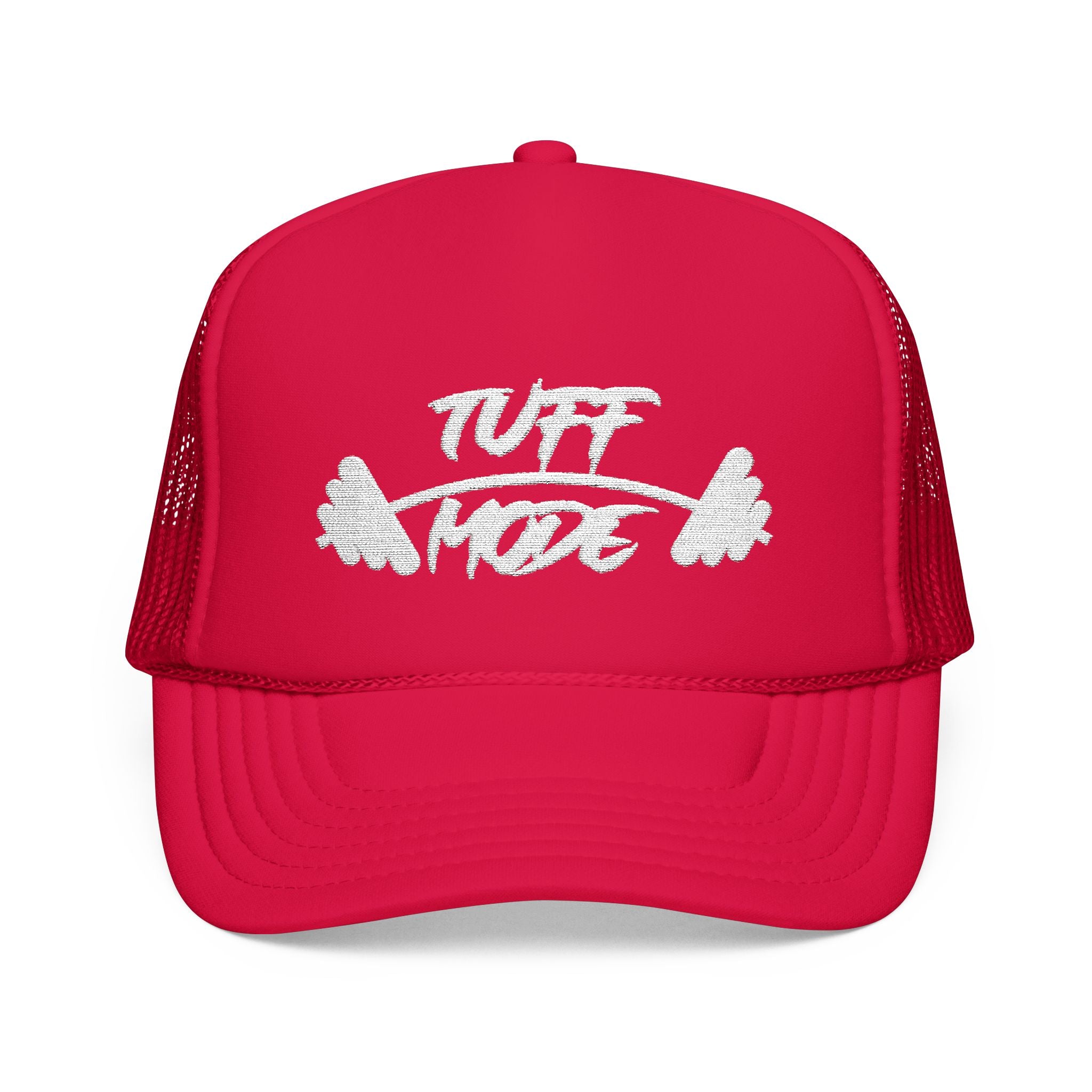 Tuff Mode Trucker Hat — Fitness Foam Mesh Cap with Barbell Graphic