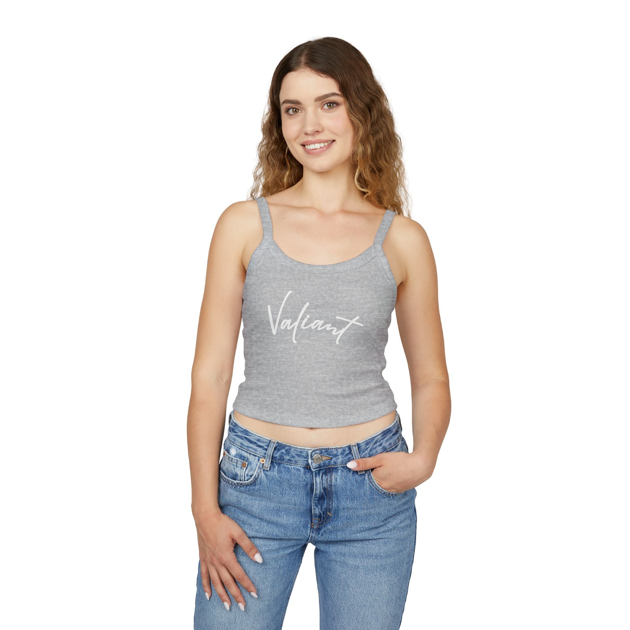 Valiant Script Spaghetti Strap Tank Top — Feminine Casual Crop