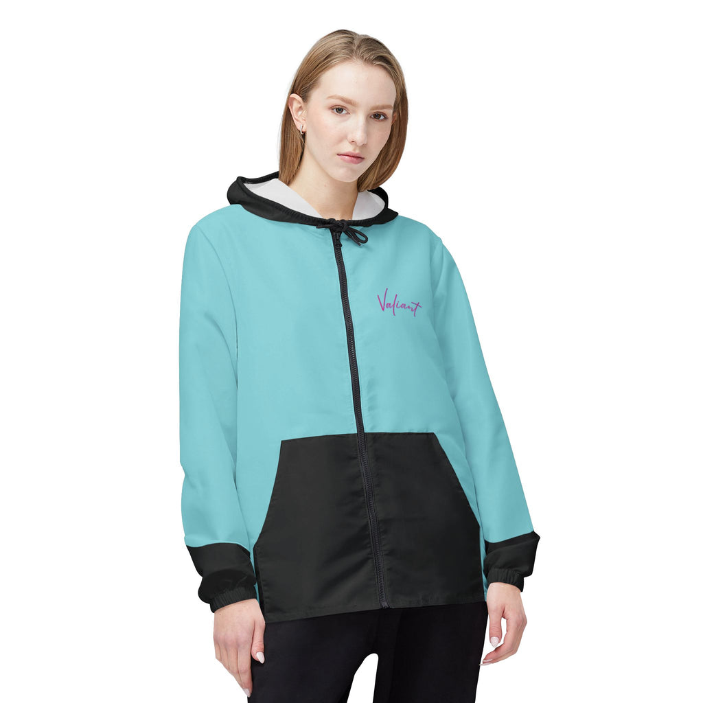 Aqua Breeze Windbreaker Jacket – Lightweight Hooded Zip-Up with Black Contrast Pockets