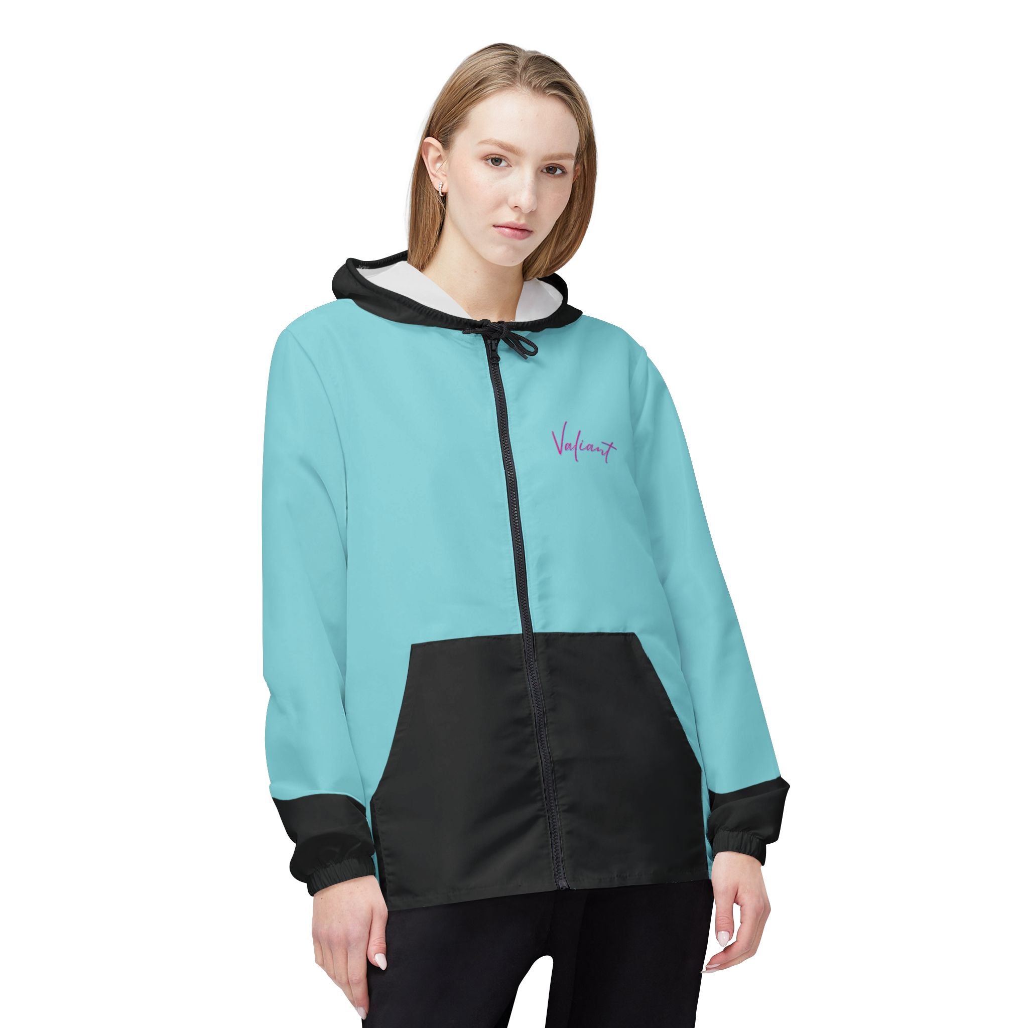 Aqua Breeze Windbreaker Jacket – Lightweight Hooded Zip-Up with Black Contrast Pockets