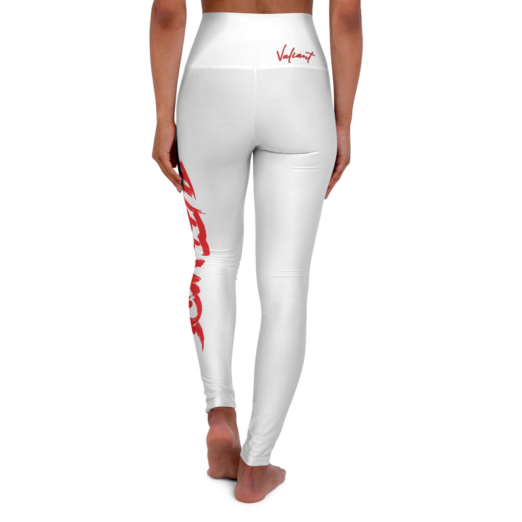 High-Waisted Yoga Leggings — White Red Script Side Print