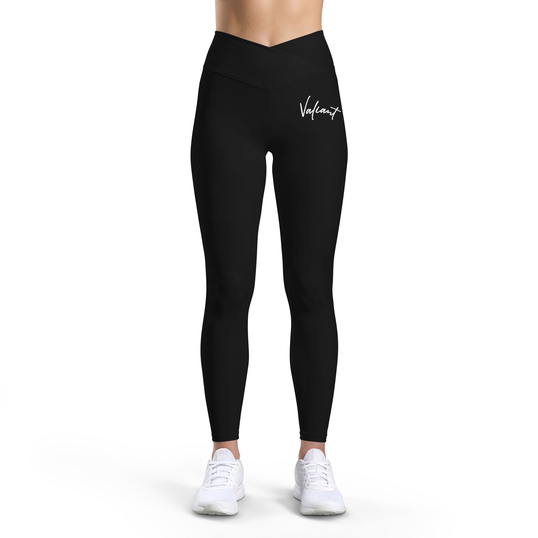 Women’s Luxe Leggings — Black V-Waist High-Rise Leggings with White Signature Logo