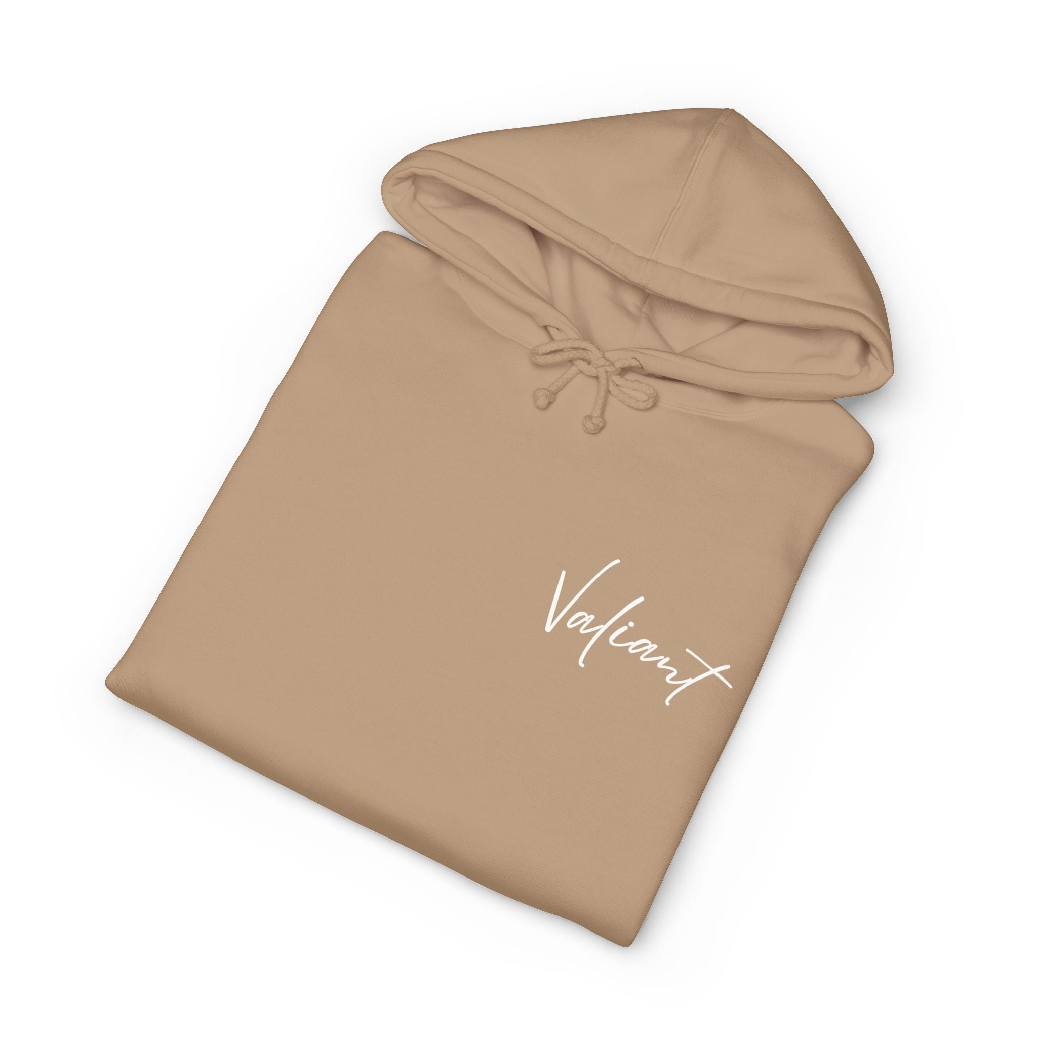 Valiant Script Hoodie — Minimalist Camel Pullover