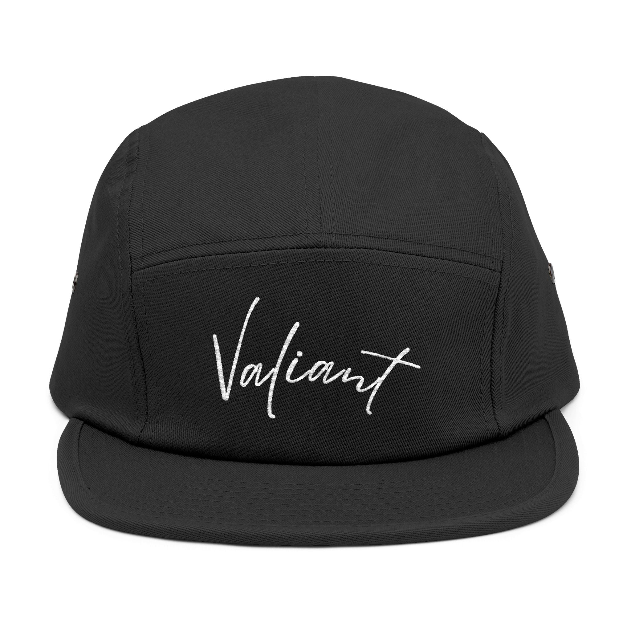 Valiant Embroidered 5-Panel Cap — Olive Casual Script Hat