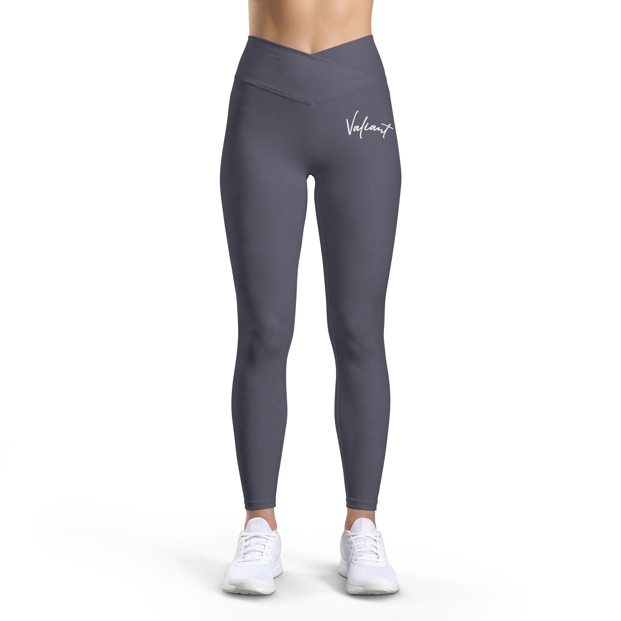 Women’s Luxe Leggings — Black V-Waist High-Rise Leggings with White Signature Logo