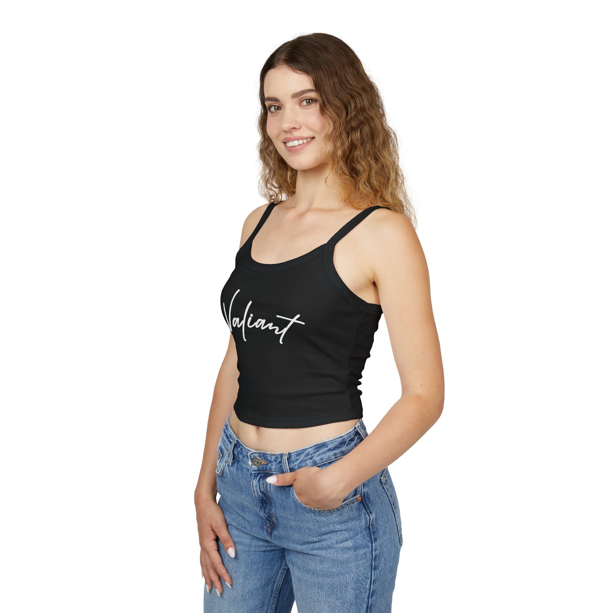 Valiant Script Spaghetti Strap Tank Top — Feminine Casual Crop