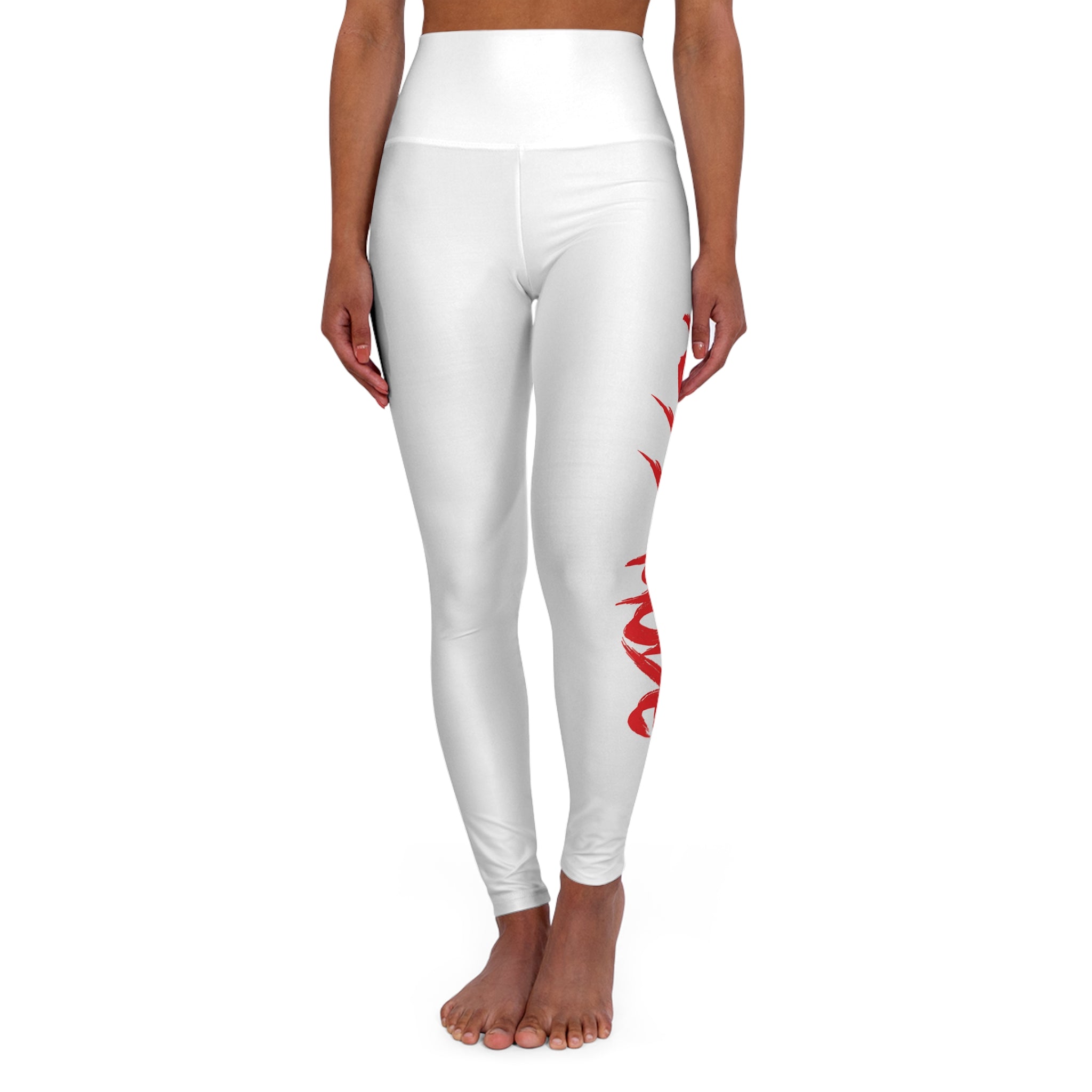 High-Waisted Yoga Leggings — White Red Script Side Print