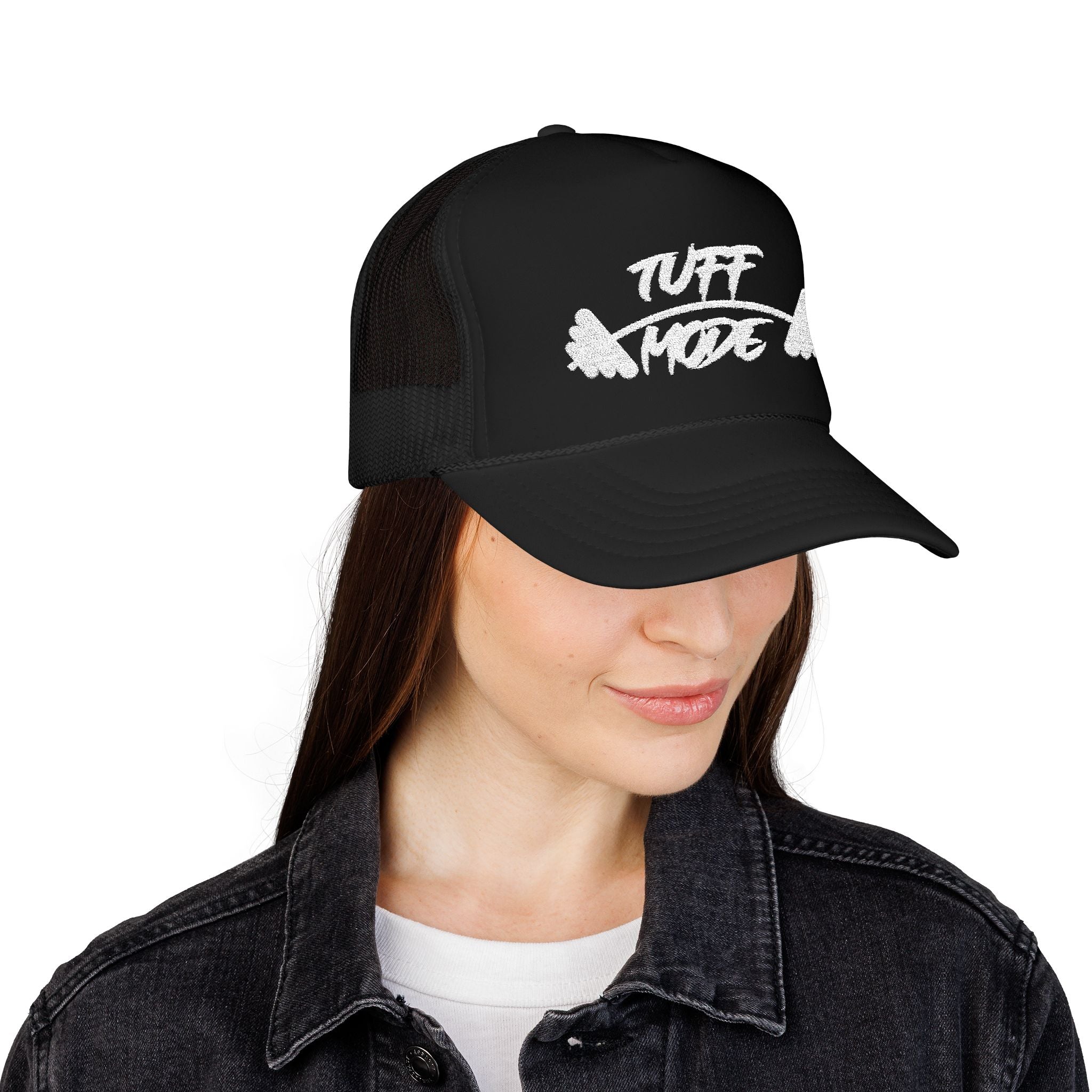 Tuff Mode Trucker Hat — Fitness Foam Mesh Cap with Barbell Graphic