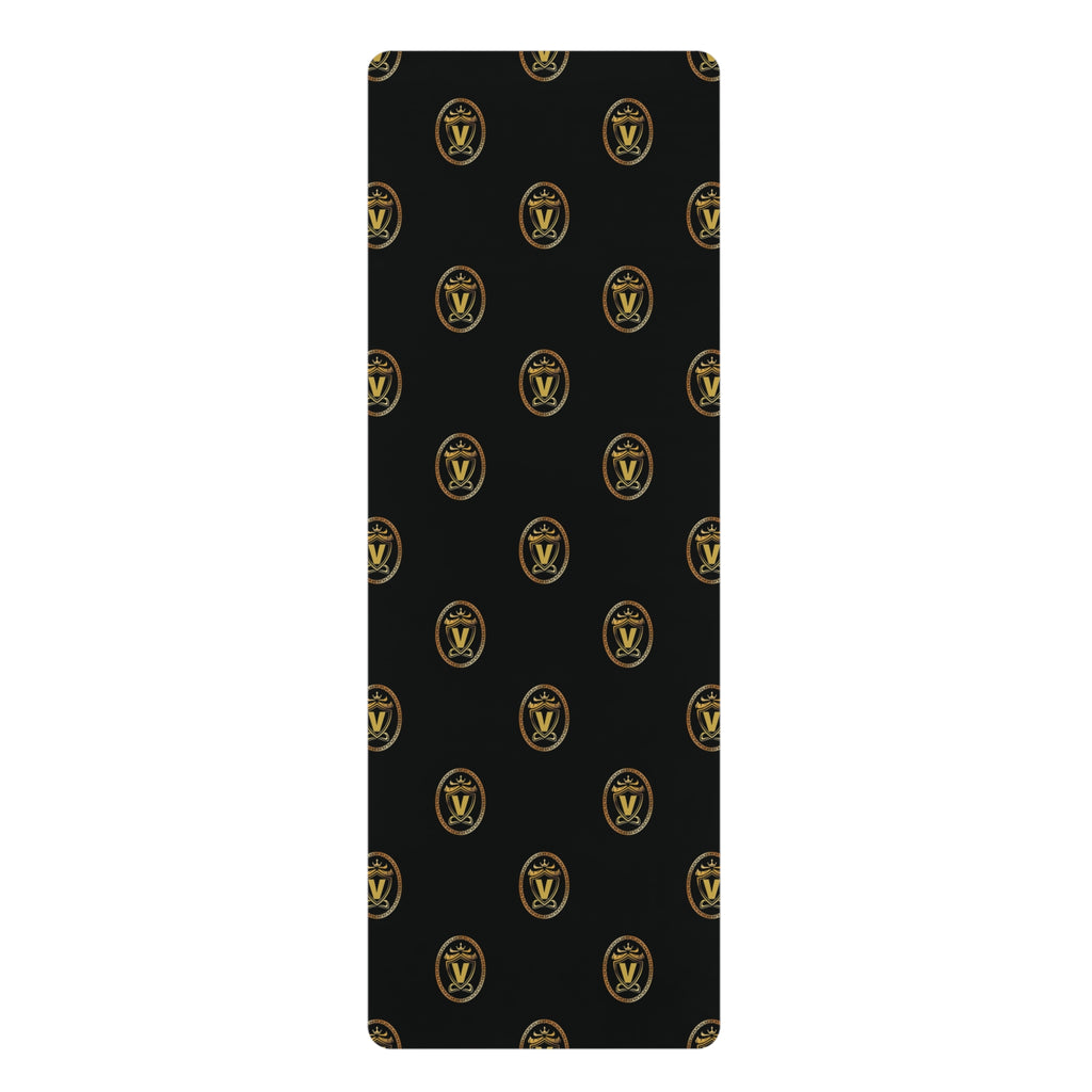 Black Rubber Yoga Mat with Gold Crest Pattern — Non‑Slip Fitness & Pilates Mat