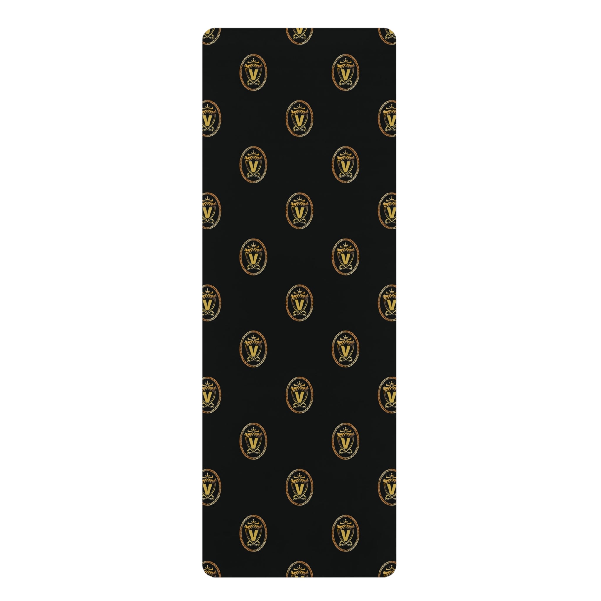 Black Rubber Yoga Mat with Gold Crest Pattern — Non‑Slip Fitness & Pilates Mat