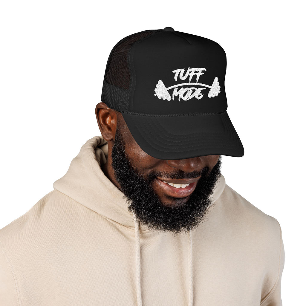 Tuff Mode Trucker Hat — Fitness Foam Mesh Cap with Barbell Graphic