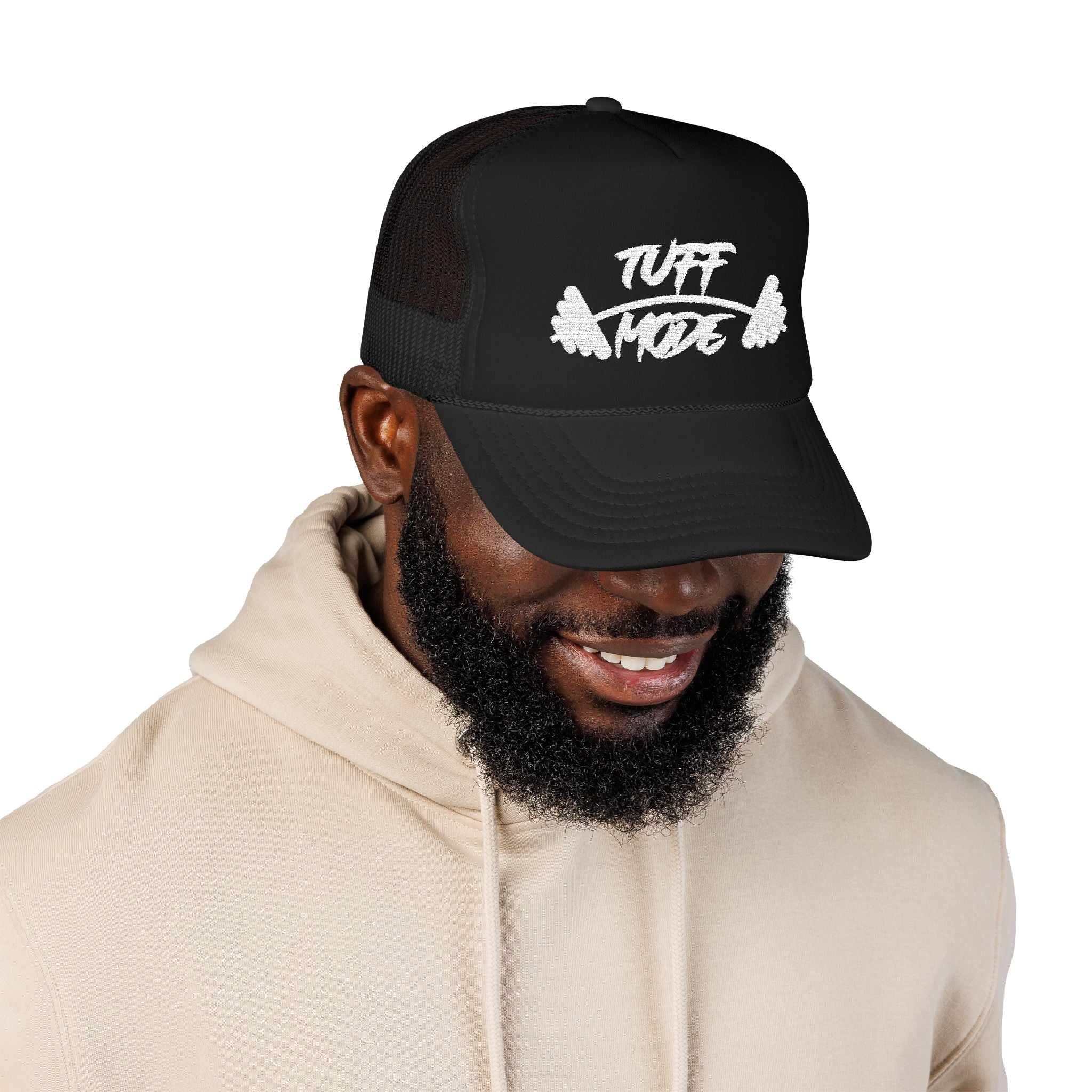 Tuff Mode Trucker Hat — Fitness Foam Mesh Cap with Barbell Graphic
