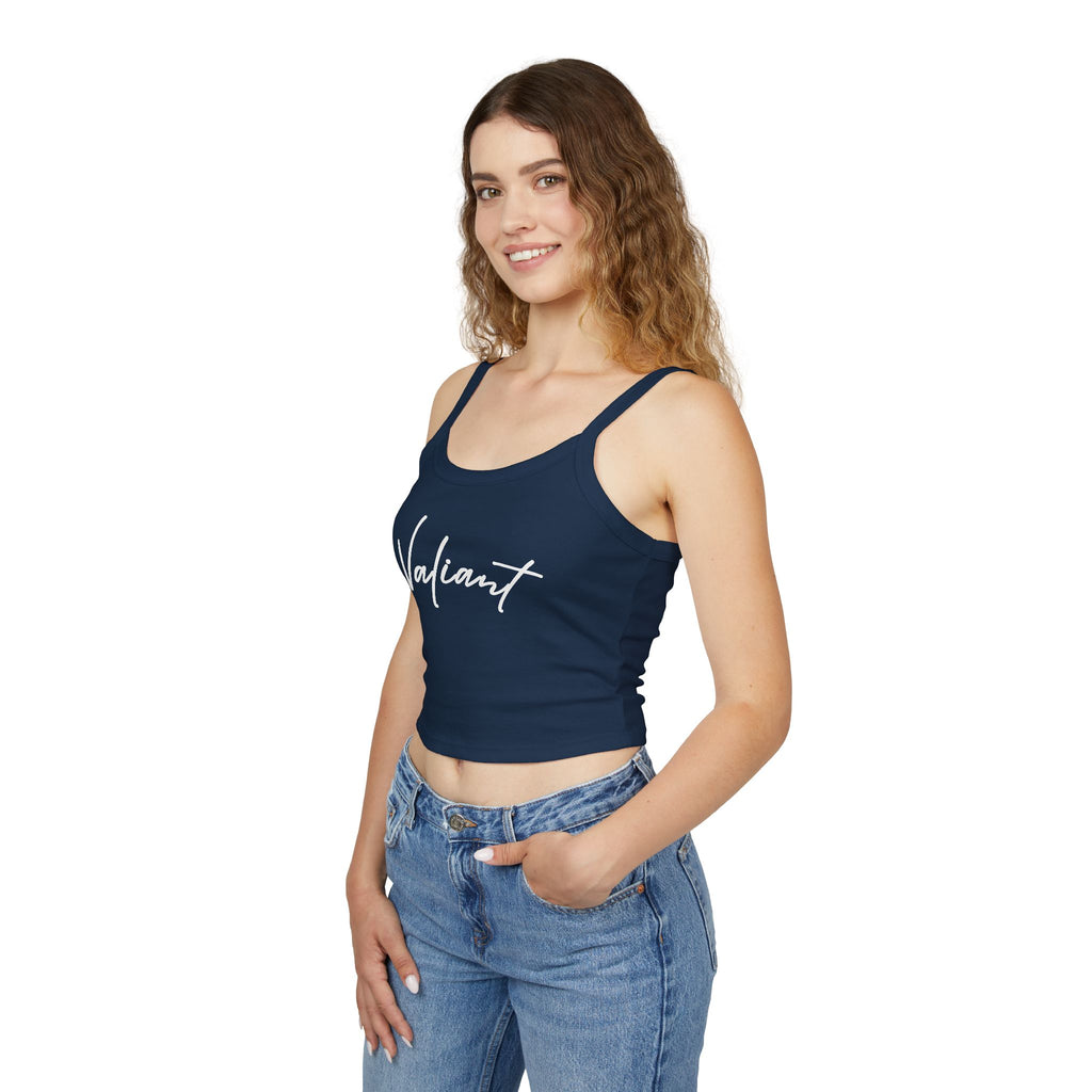Valiant Script Spaghetti Strap Tank Top — Feminine Casual Crop