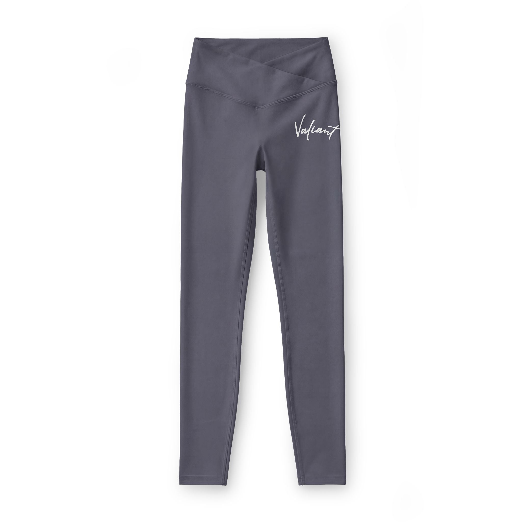 Women’s Luxe Leggings — Black V-Waist High-Rise Leggings with White Signature Logo