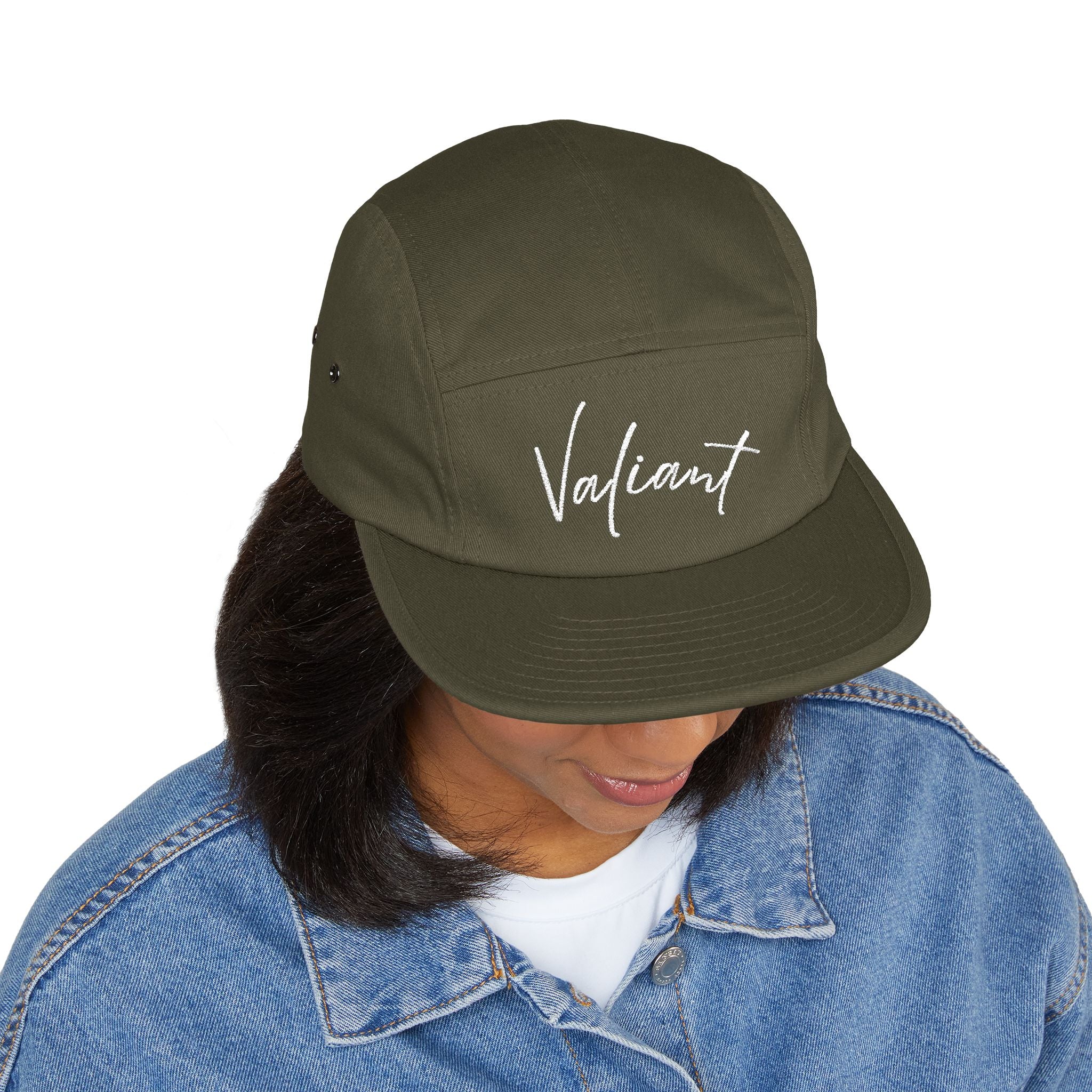 Valiant Embroidered 5-Panel Cap — Olive Casual Script Hat