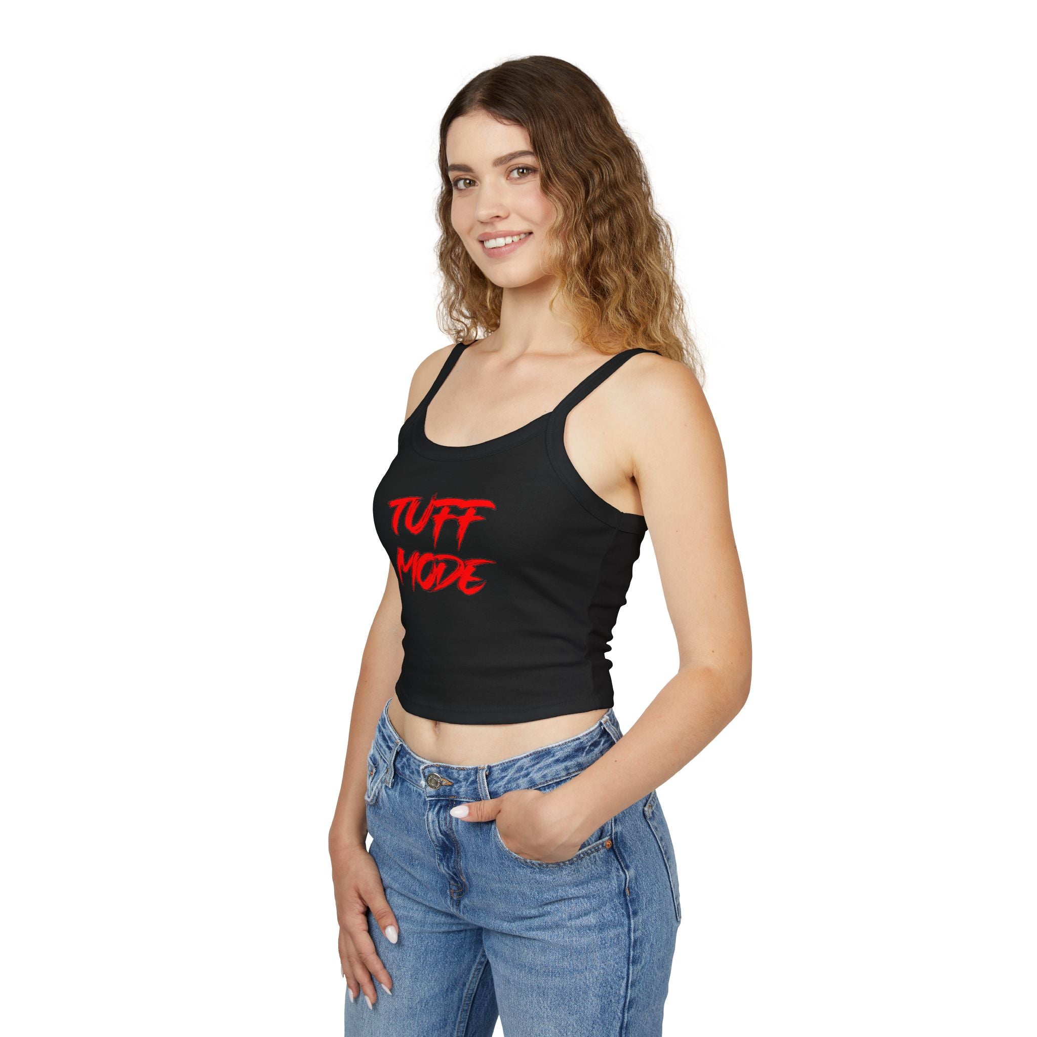 Tuff Mode Crop Tank — "Tuff Mode" Red Brush Script Women's Spaghetti Strap Tank