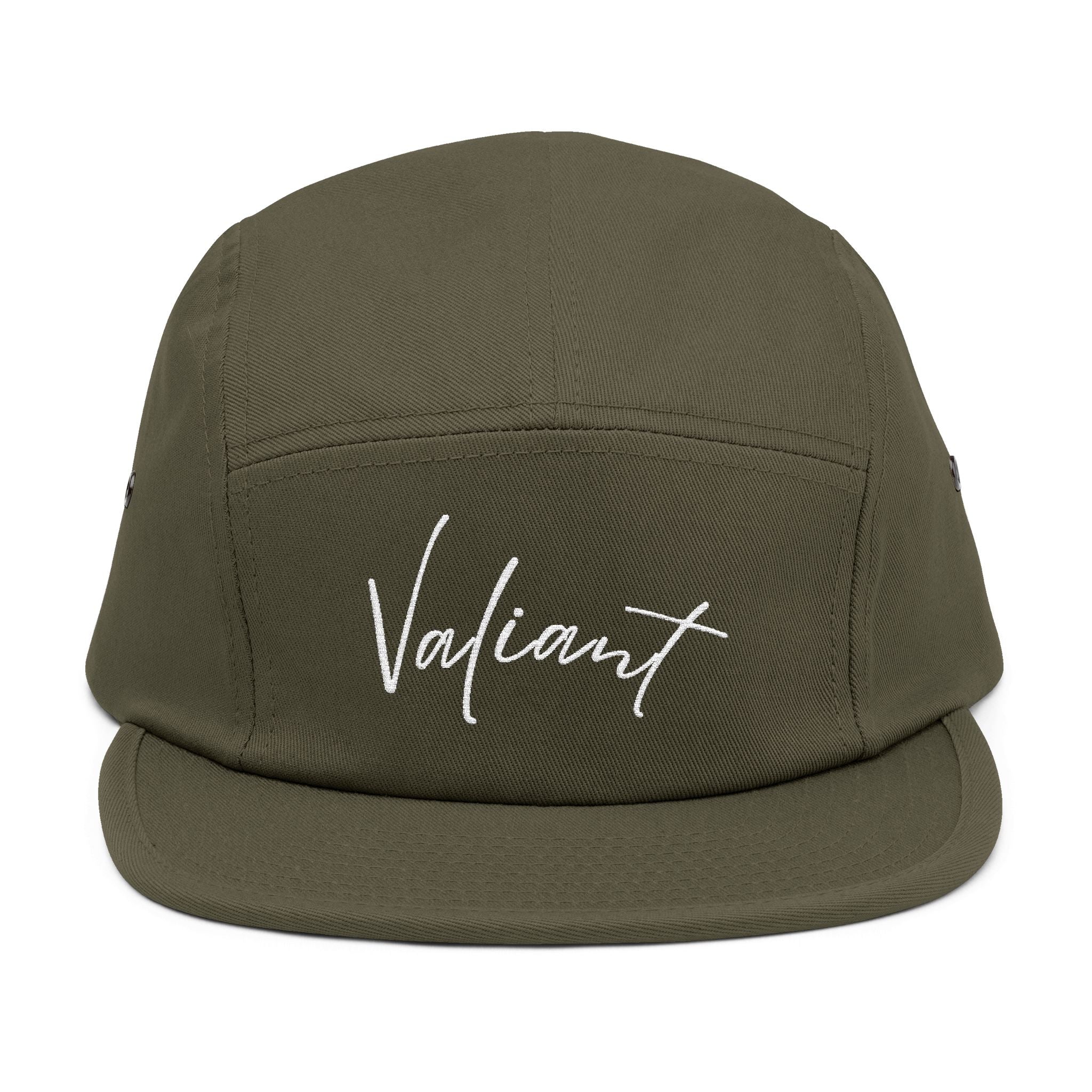 Valiant Embroidered 5-Panel Cap — Olive Casual Script Hat