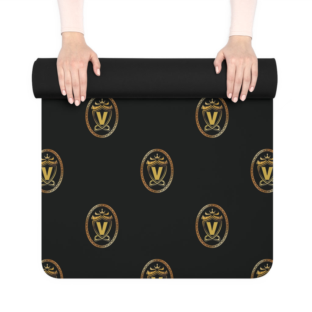 Black Rubber Yoga Mat with Gold Crest Pattern — Non‑Slip Fitness & Pilates Mat