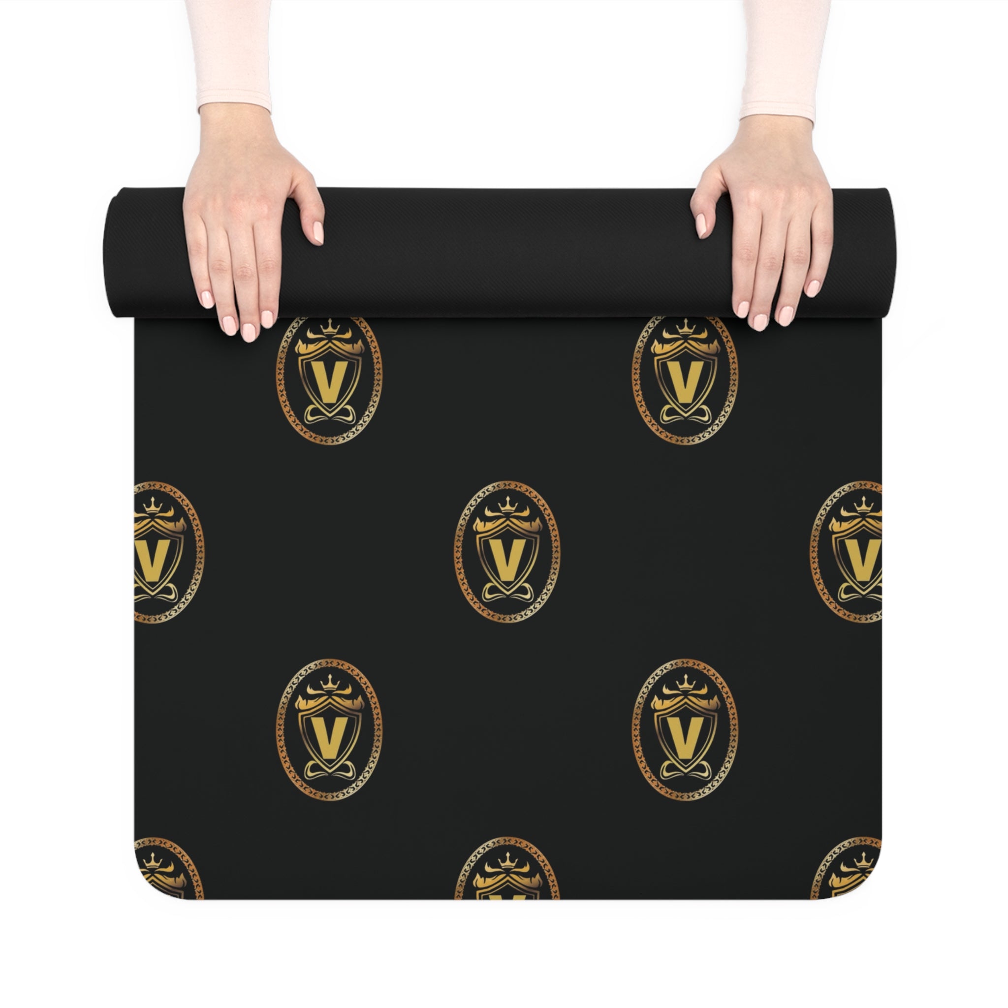 Black Rubber Yoga Mat with Gold Crest Pattern — Non‑Slip Fitness & Pilates Mat