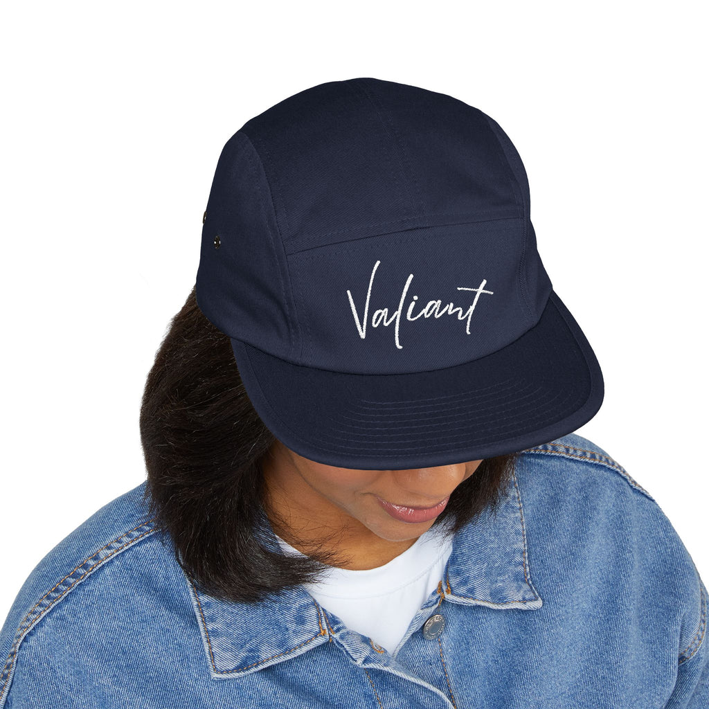 Valiant Embroidered 5-Panel Cap — Olive Casual Script Hat