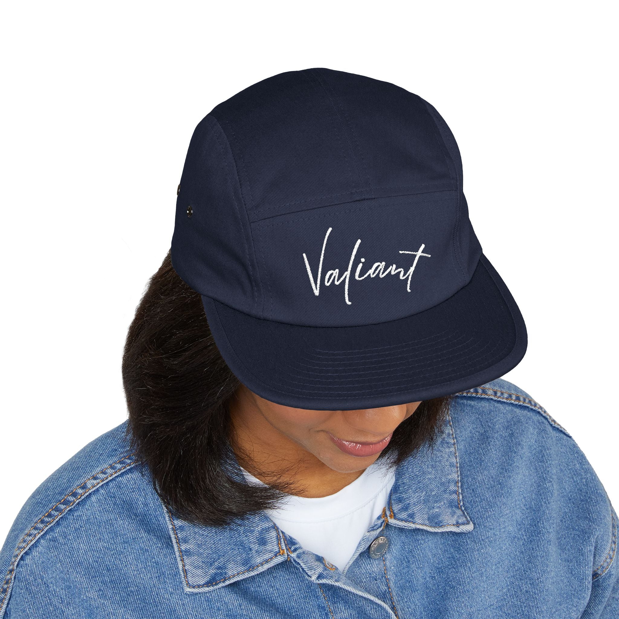 Valiant Embroidered 5-Panel Cap — Olive Casual Script Hat
