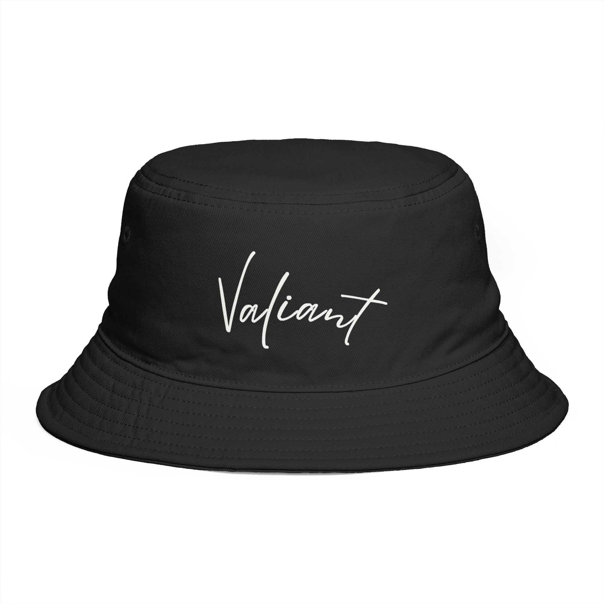 Valiant Script Bucket Hat — Black Casual Sun Hat with 'Valiant' Handwritten Logo