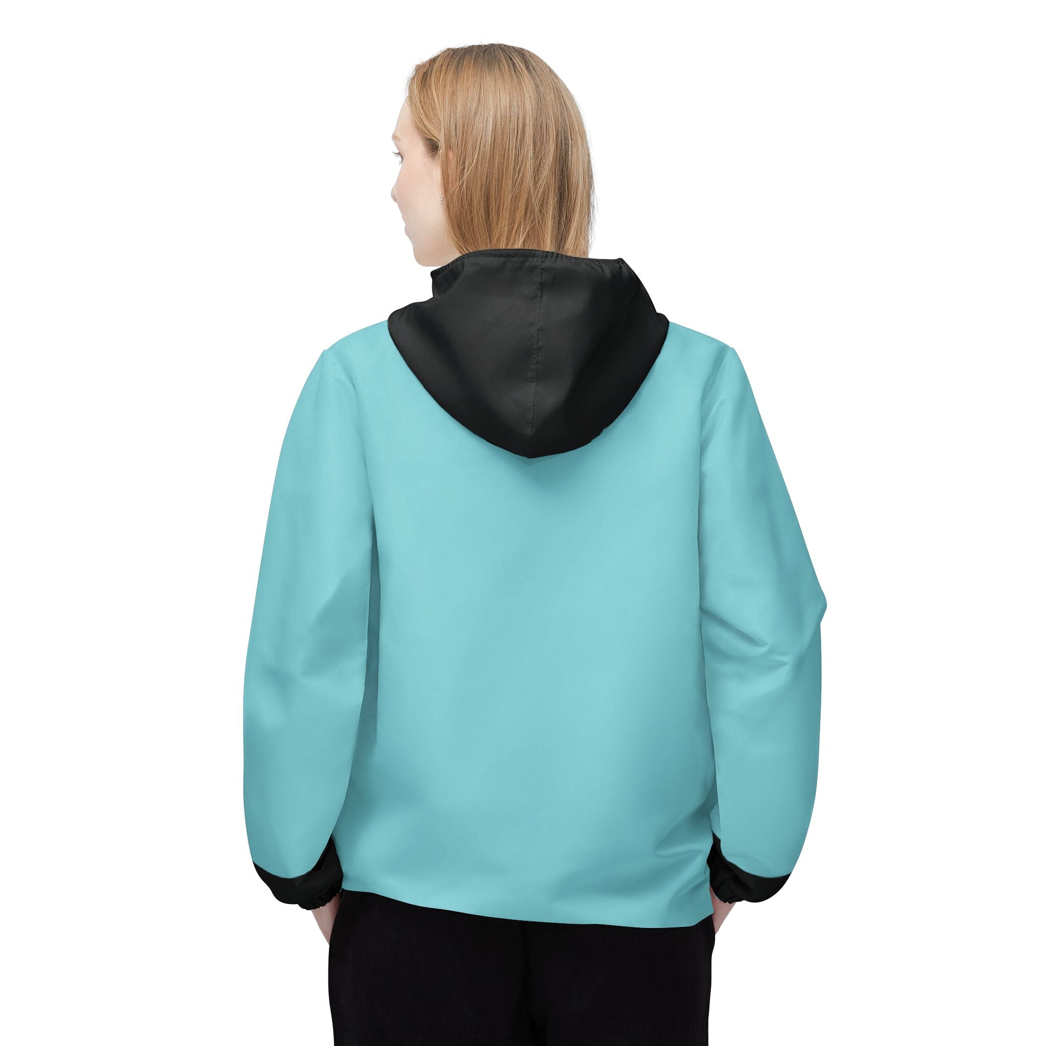 Aqua Breeze Windbreaker Jacket – Lightweight Hooded Zip-Up with Black Contrast Pockets