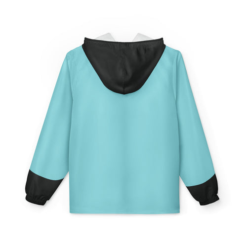 Aqua Breeze Windbreaker Jacket – Lightweight Hooded Zip-Up with Black Contrast Pockets