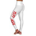 High-Waisted Yoga Leggings — White Red Script Side Print