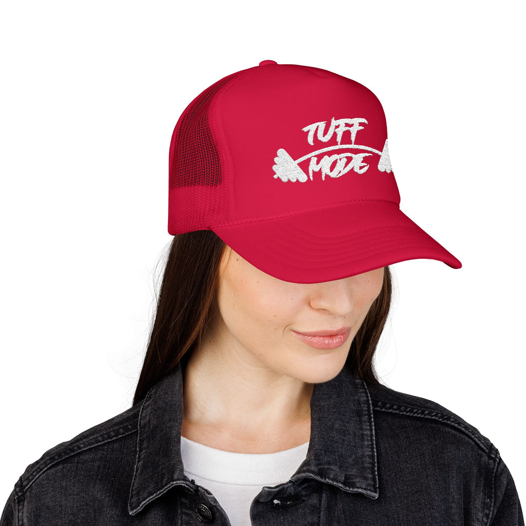 Tuff Mode Trucker Hat — Fitness Foam Mesh Cap with Barbell Graphic