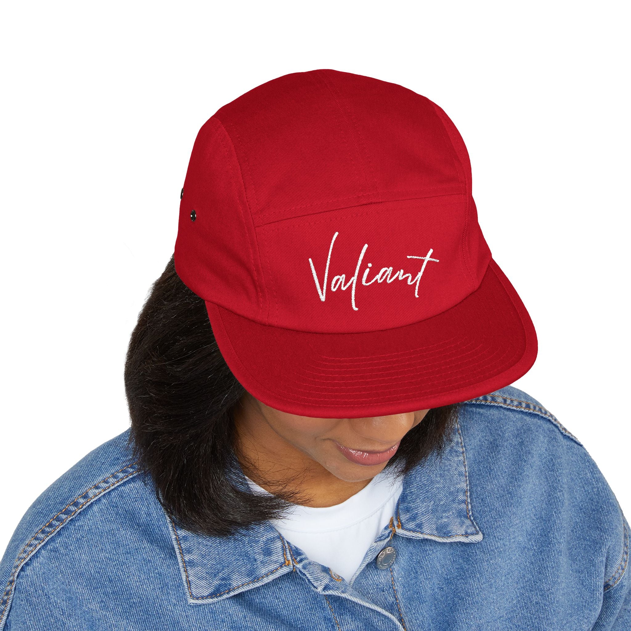 Valiant Embroidered 5-Panel Cap — Olive Casual Script Hat