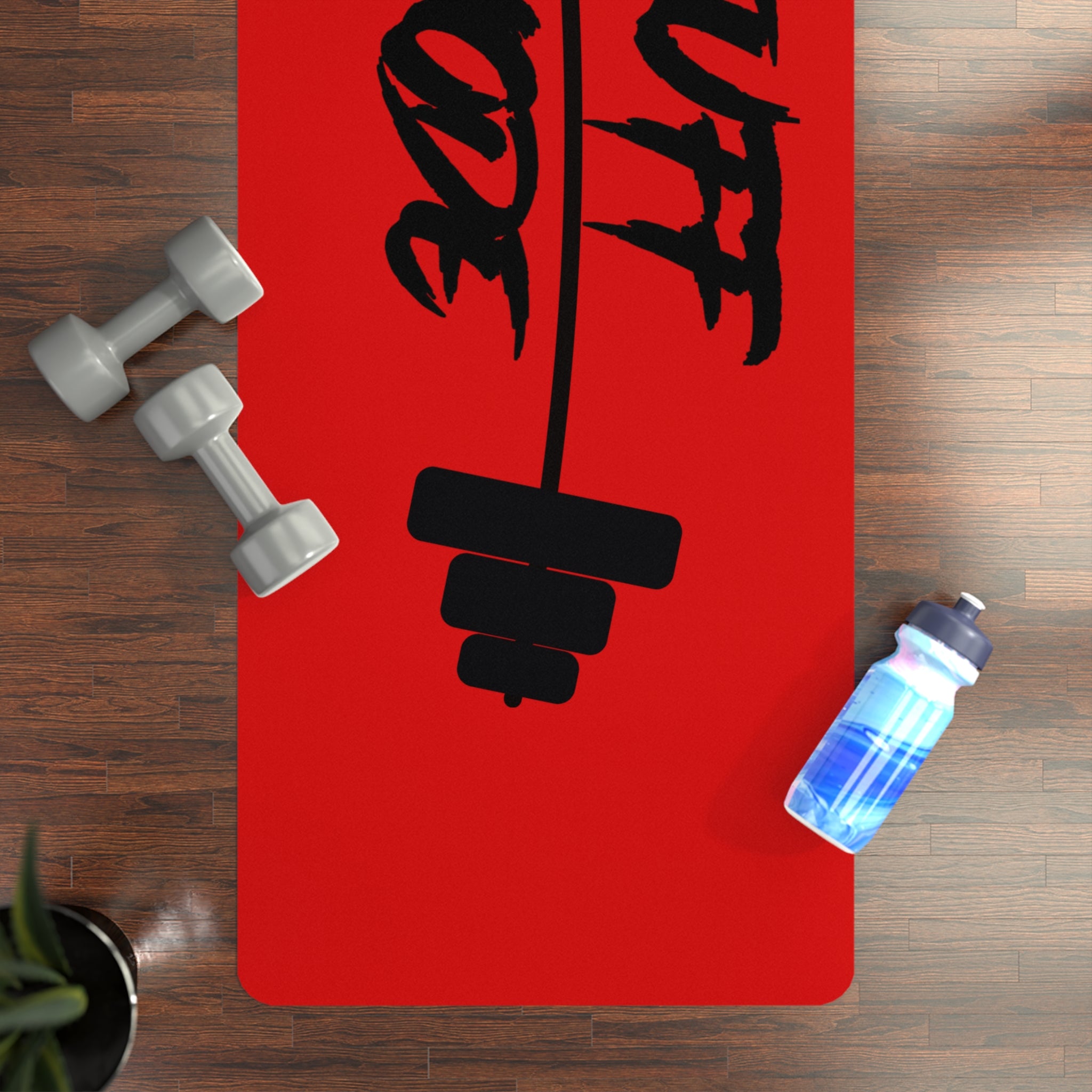 Rubber Yoga Mat — Bold Red 'Tuff Love' Barbell Fitness Mat