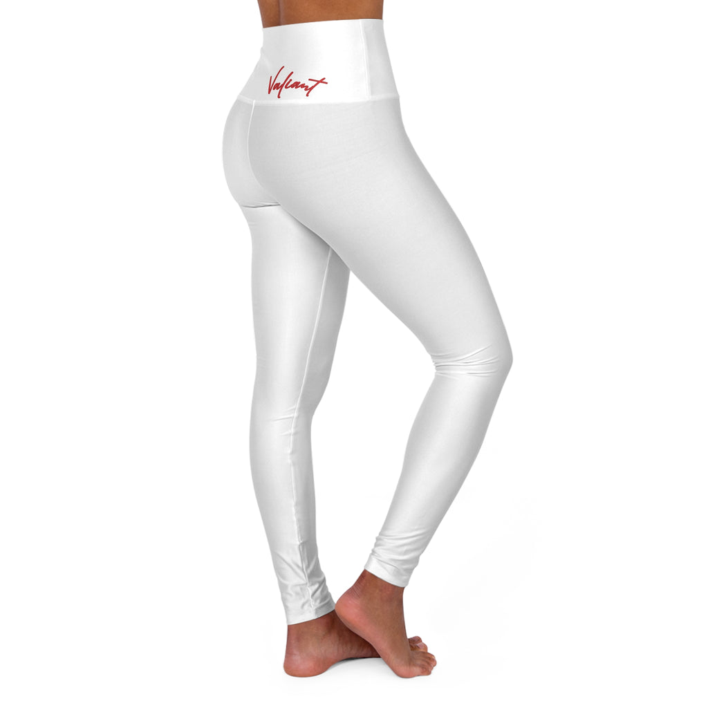 High-Waisted Yoga Leggings — White Red Script Side Print