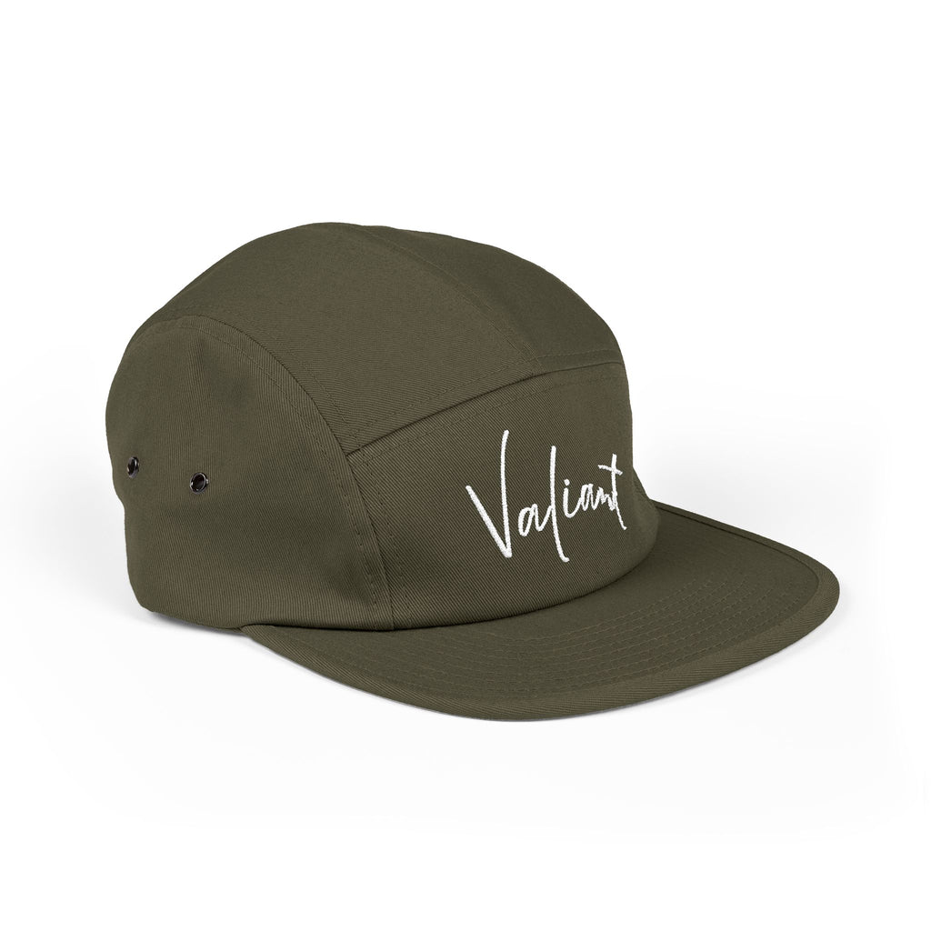 Valiant Embroidered 5-Panel Cap — Olive Casual Script Hat
