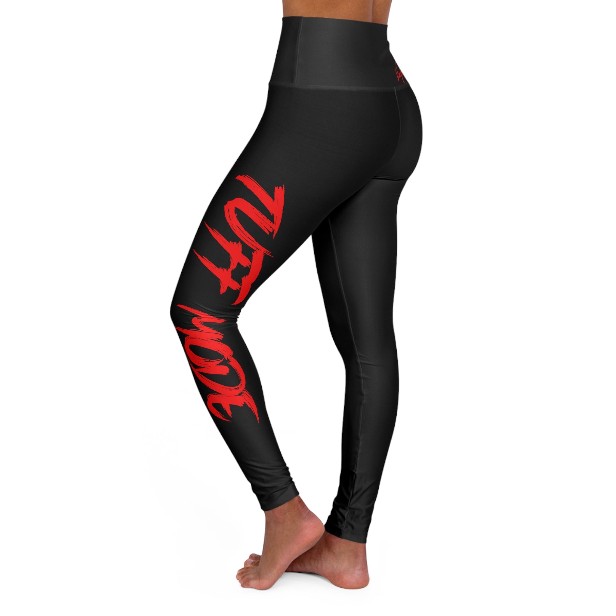 Black High-Waist Yoga Leggings with Red Script Accent