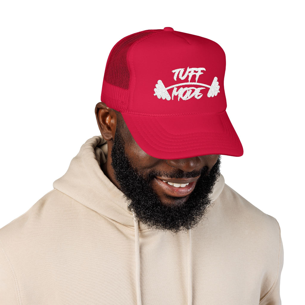 Tuff Mode Trucker Hat — Fitness Foam Mesh Cap with Barbell Graphic