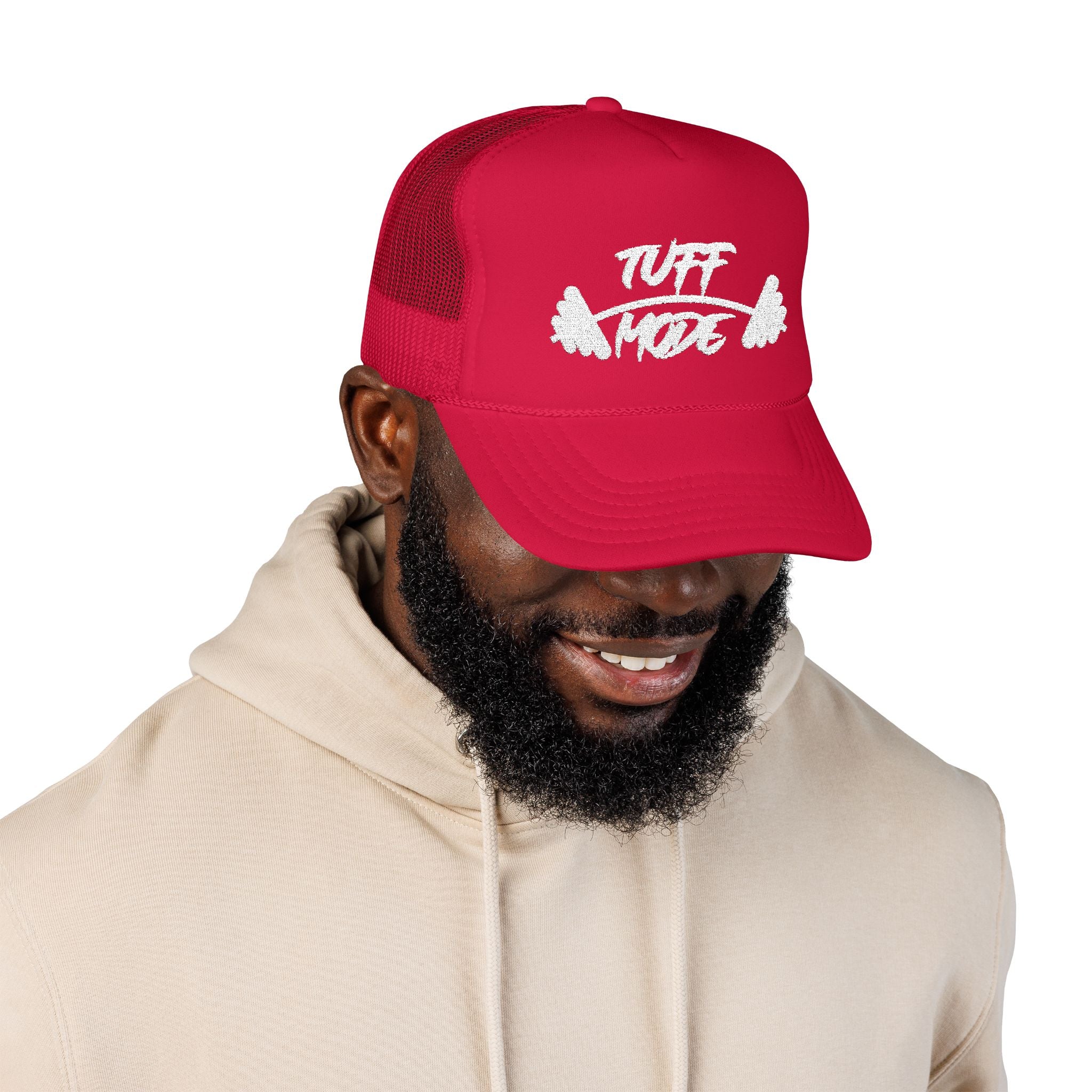 Tuff Mode Trucker Hat — Fitness Foam Mesh Cap with Barbell Graphic