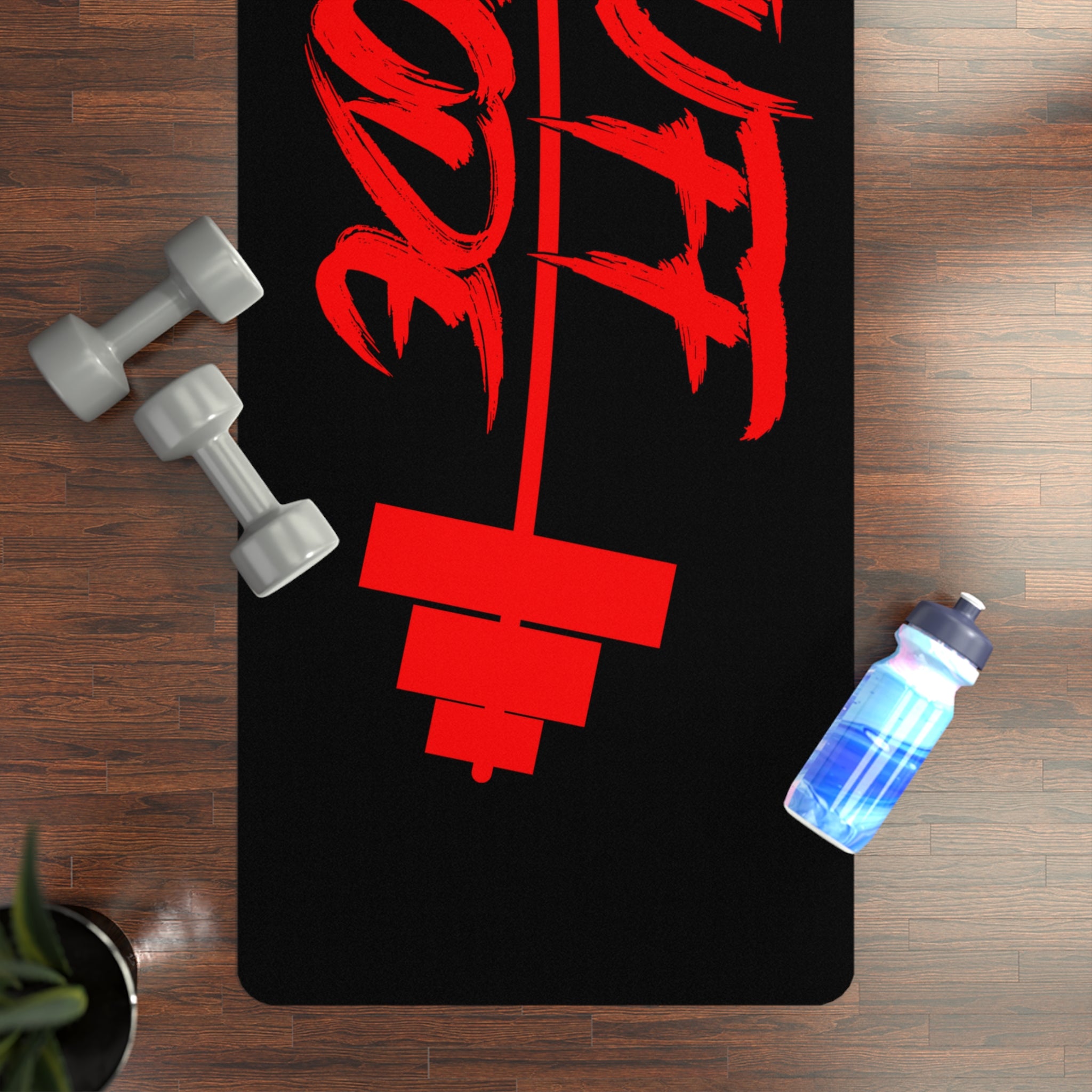 Rubber Yoga Mat — Bold Red 'Tuff Morn' Barbell Design for Strength Training & Yoga