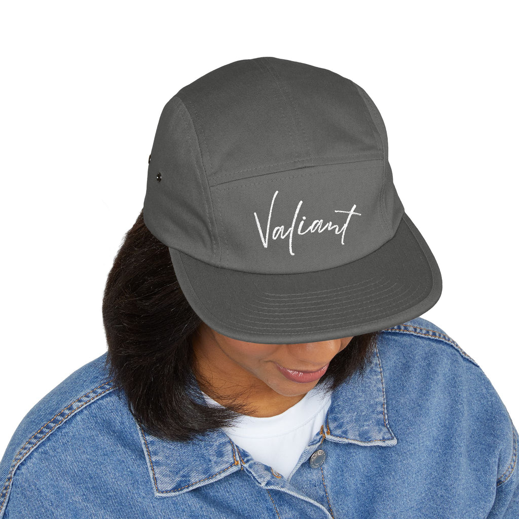 Valiant Embroidered 5-Panel Cap — Olive Casual Script Hat
